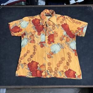 Vintage Kingsport Hawaiian Rayon Shirt Orange Seashell Korea Aloha Beach 1960s